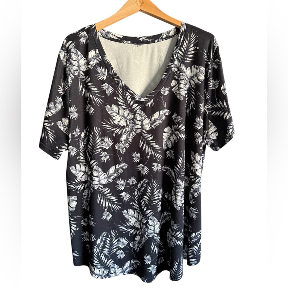 Amazon Black V-Neck Short Sleeve Tee with White Tropical Leaf Print